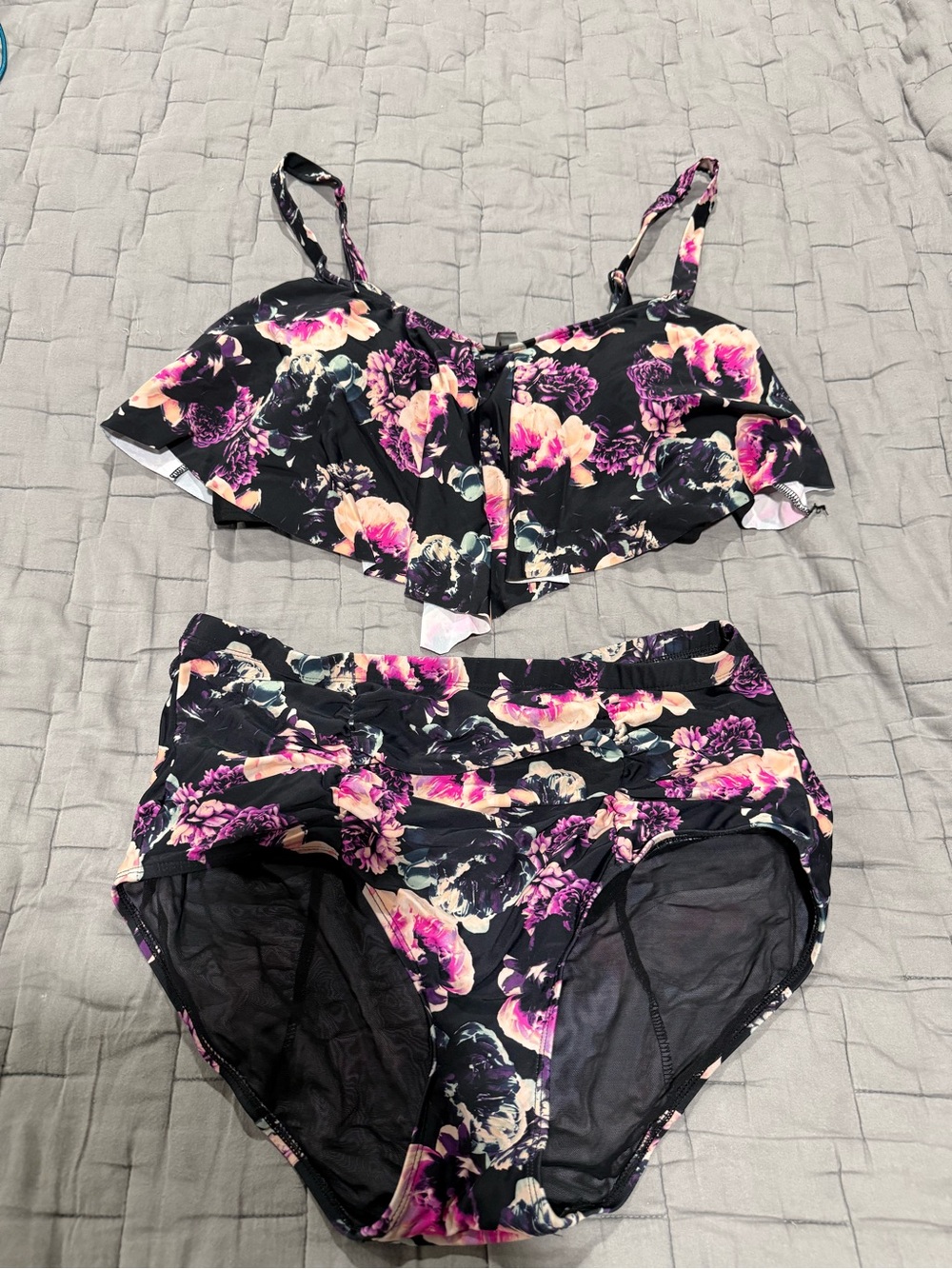 Torrid Floral Ruffle Two-Piece Swim Set - Black with Pink Floral